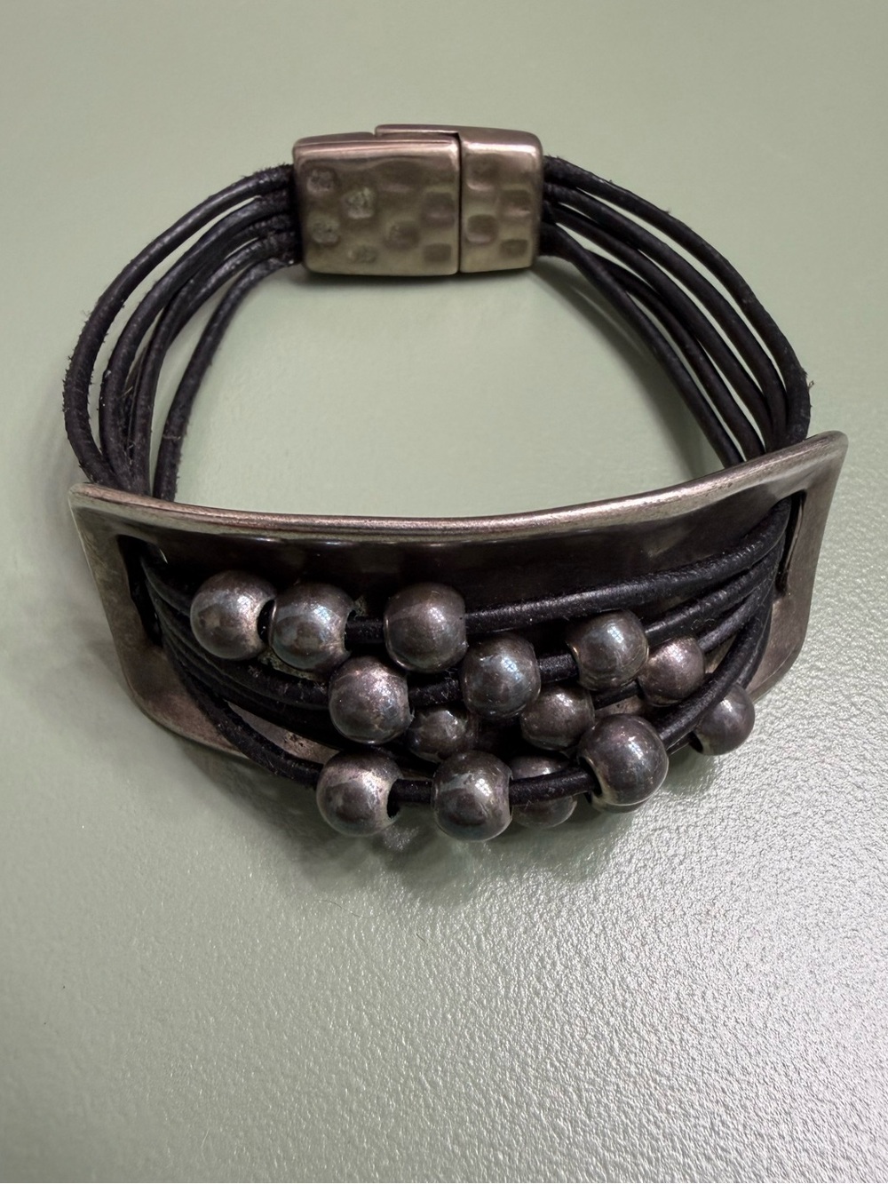 Hand Crafted Black, Silver Leather Multi-Strand Beaded Bracelet